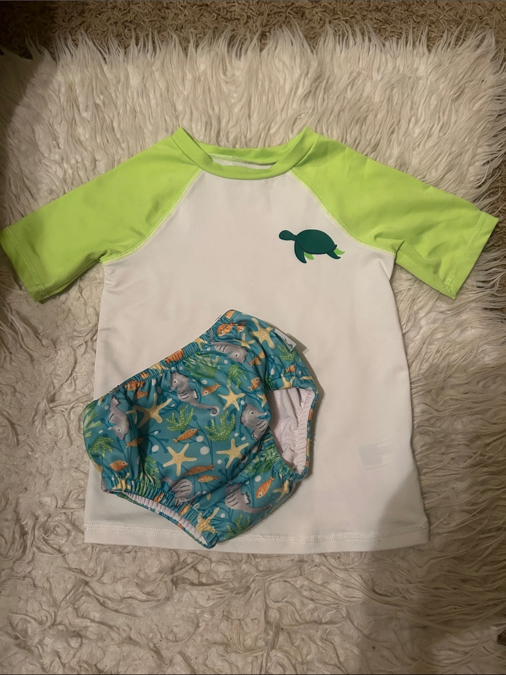 Kids White and Lime Green Rash Guard Swim Set with Turtle Accent
